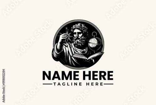 Black and white illustration of a bearded man in a laurel wreath, holding a cup and orb, with a placeholder name and tagline in a simple, modern font against a clean white background.