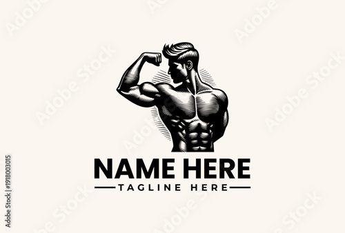 A black and white illustration of a muscular man flexing his arm with a logo and text placeholder in a simple, modern design against a clean background.