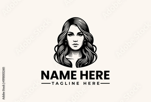 Black and white illustration of a woman's head with long wavy hair and a placeholder text for a logo or name tag on a plain background
