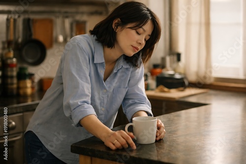 Woman Leaning on Kitchen Counter After Work, Quiet Exhale