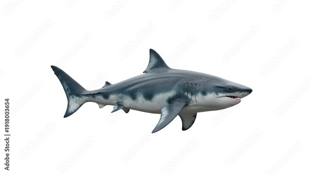 Fototapeta premium Great white shark isolated on white background swimming in ocean