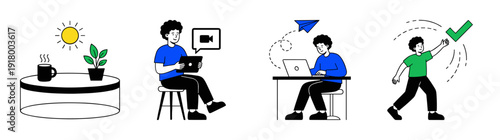 Flat Vector Remote Work and Productivity Character Graphic Set for Modern Freelance Business Workflow