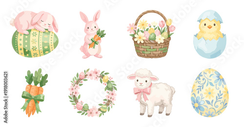 Cute Easter Vector Stickers Set with Bunny Lamb and Chick