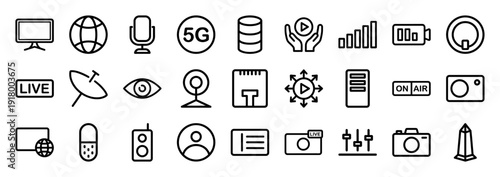 Multimedia and broadcasting icon set. Vector pictograms of monitor, microphone, camera, signal, battery, satellite, server, and live stream, thick outline illustration.