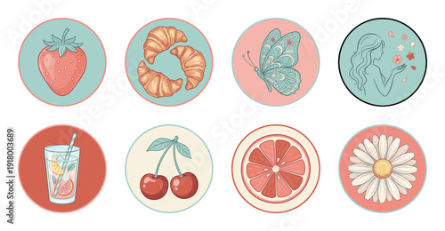 Summer Social Media Highlight Covers, Vector Sticker Set