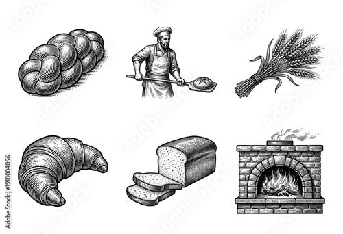 Vintage woodcut style bakery collection featuring artisanal bread loaves, a traditional baker with oven peel, wheat stalks, and a stone hearth fireplace.