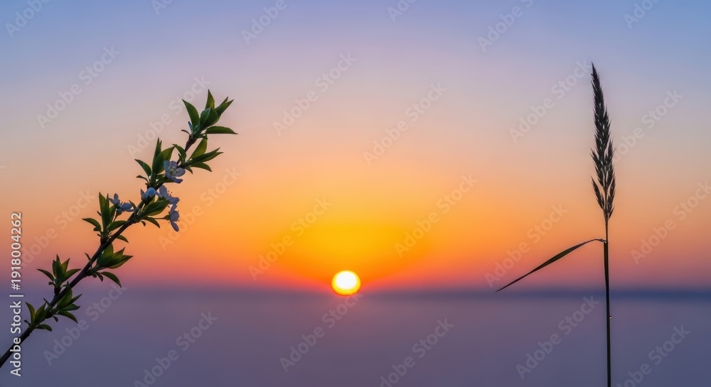 Obraz premium Sunset sky with a flowering branch and a blade of grass silhouette. Beautiful nature background for calendar or greeting card. Atmospheric view.