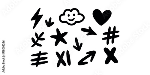 Black and white doodle symbols hand drawn signs in white background