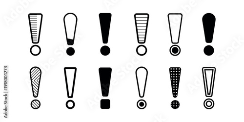Black and white exclamation mark symbols in various styles and patterns exclamation marks textures in white background