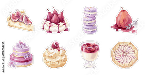 Gourmet Fruit Dessert Stickers with Purple and Pink Accents