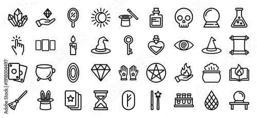 Magic and mystery line icon set featuring vector pictograms of a wizard hat, crystal ball, potion bottle, cauldron, tarot cards, skull, and wand, thick outline illustration.