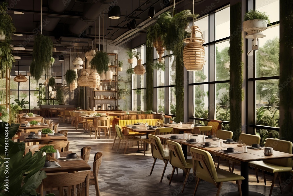 Obraz premium Spacious urban cafe dining area featuring natural wood furniture, lush hanging plants, and abundant natural light