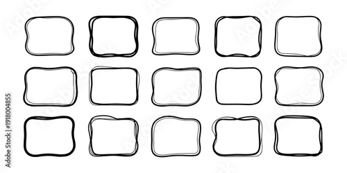 Black and white of 15 wavy square frames empty frames hand drawn templates in white background