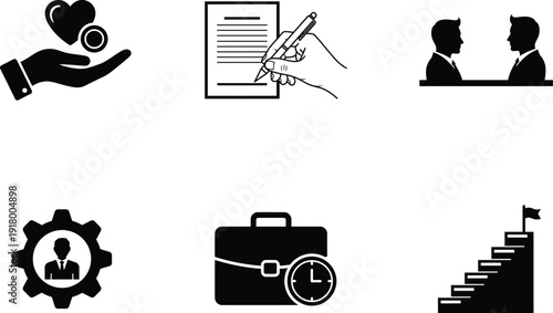 business icons set with people hands documents and clock