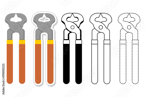 End cutting pliers nippers carpentry tool vector set with flat sticker bold outline and dotted tracing line styles isolated on white for construction diy and educational worksheets icon kit