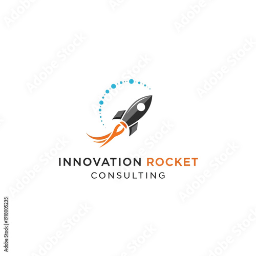 Innovation Rocket Consulting Logo with Launching Spaceship and Dotted Trail on Isolated White Background, Startup Business Growth Concept