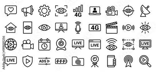 Media and digital broadcasting line icon set. Vector pictograms of camera, microphone, 4g signal, live streaming, video player, eye monitoring, and web surveillance.