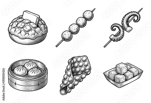 Vintage style engraving illustration of Hong Kong street food snacks including egg waffle pineapple bun and dim sum