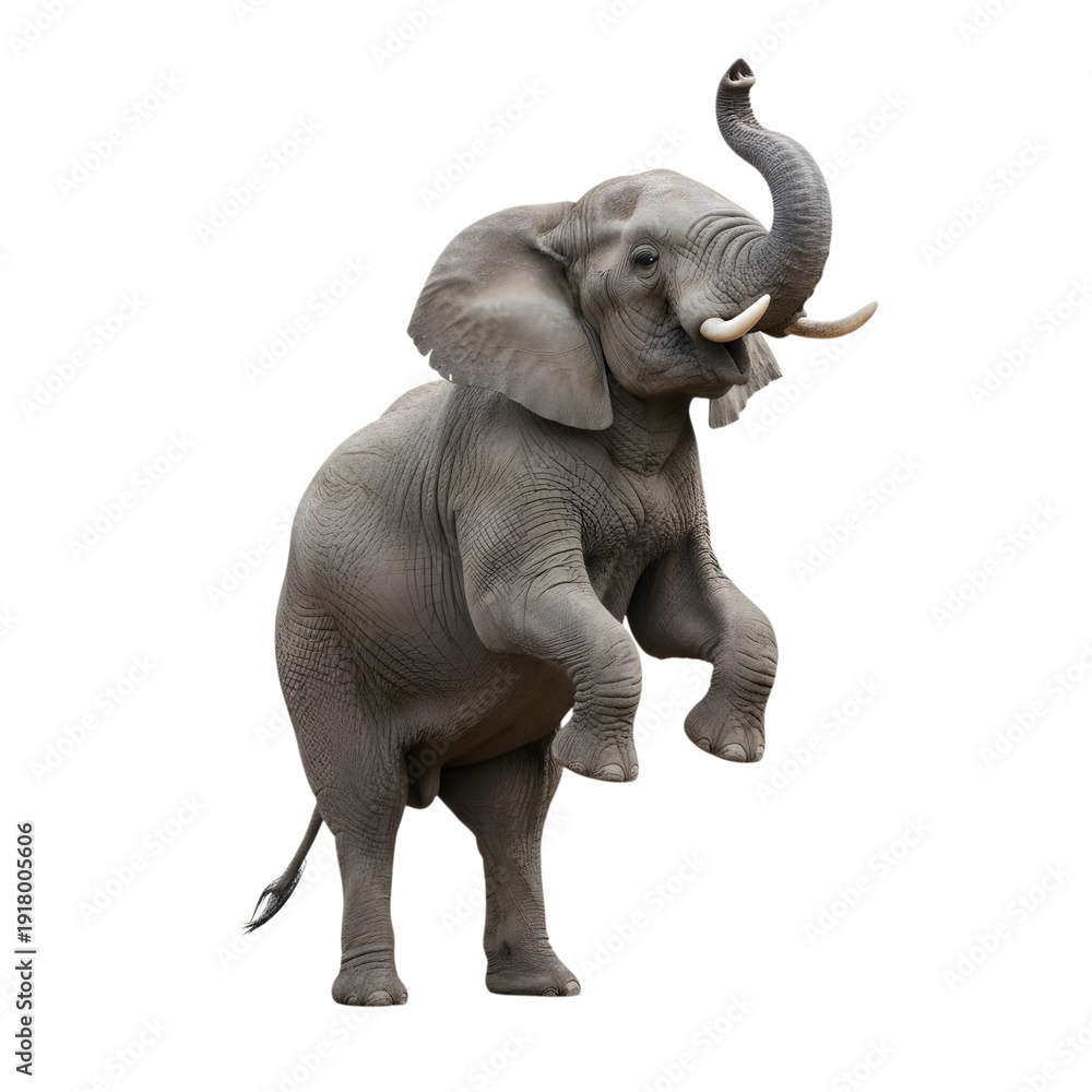 Fototapeta premium Gray elephant lifting trunk in celebration isolated on white background 3D render wildlife animal