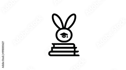Educational rabbit icon with graduation cap on books, symbolizing smart learning, knowledge acquisition, and academic achievement