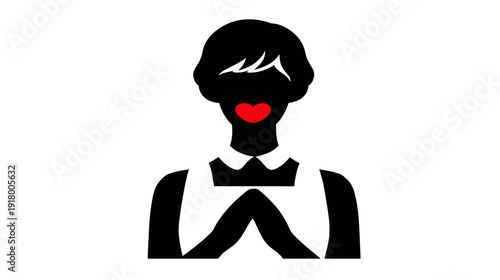 Stylized black silhouette of a woman with short bob hair, white collar, and vibrant red heart-shaped lips on a clean white background.