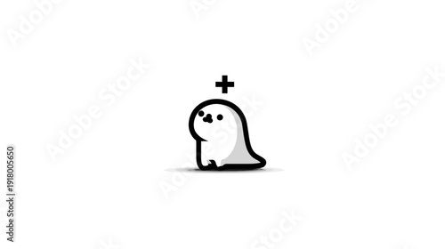 Adorable minimalist cartoon ghost character with a plus sign. Symbolizes addition, support, positive emotion, or new features.
