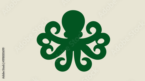 Simple green octopus silhouette icon or logo illustration with eight tentacles on a neutral background, marine animal design.
