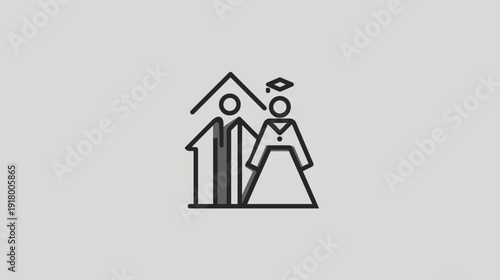 Linear icon of a graduating couple in a house. Concept of home, education, family future, academic success, and new beginnings.
