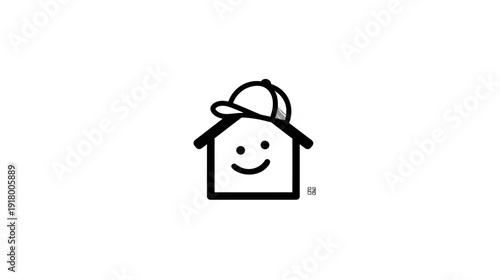 Happy smiling house with a baseball cap, playful line art illustration of a cheerful home icon, real estate and family concept.