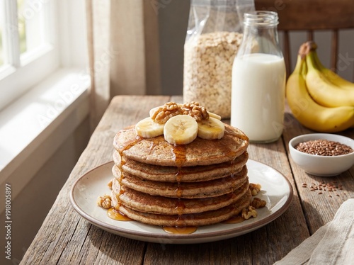 Healthy Oatmeal Pancakes with Banana Walnuts and Fresh Milk