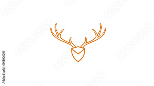Minimalist golden outline deer head with majestic antlers on white background, elegant stag wildlife symbol illustration.