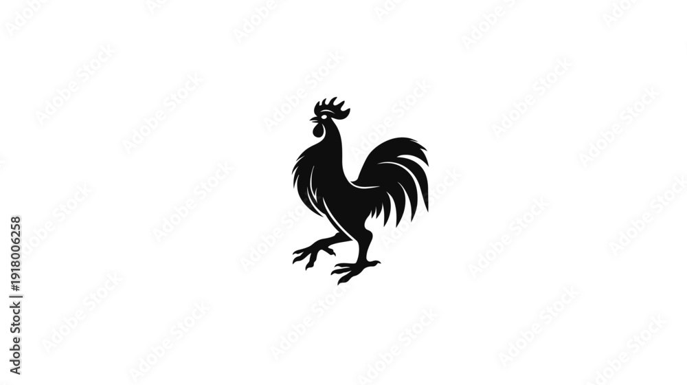 Fototapeta premium Proud black rooster silhouette illustration. Minimalist graphic design element of a majestic fowl, standing in profile on a white background.