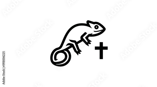 Minimalist Black and White Chameleon Icon with Plus Symbol, Simple Line Art Graphic for Design and Web