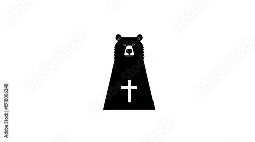 Minimalist black bear head with abstract body featuring a white Christian cross symbol. Modern graphic illustration on white background.