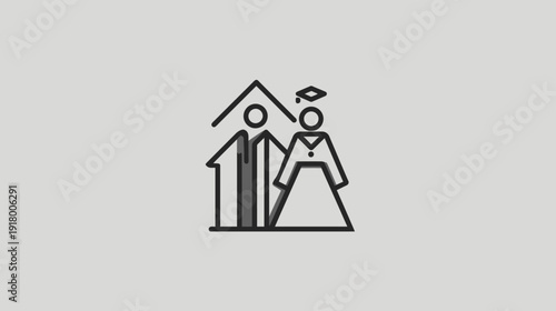 Line Art Icon of Graduate Couple in Cap and Gown Under House. Education, Home, Family, Future, Financial Goals, Mortgage Concept.