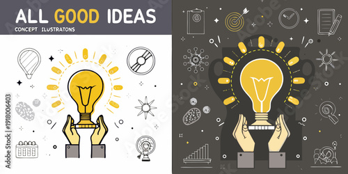Creative concept illustration featuring a glowing lightbulb and related icons