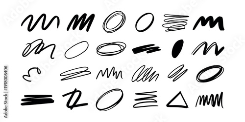 Black scribbles and shapes on white background hand drawn