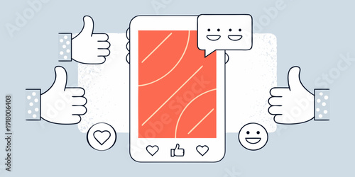 Smartphone surrounded by positive reactions likes hearts and smiling faces