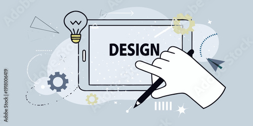 Creative design concept featuring a tablet lightbulb and hand