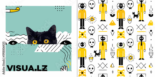 Abstract digital art featuring a cat and repeating geometric human figures