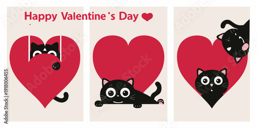 Valentine s day card featuring cute black cats peeking from red hearts