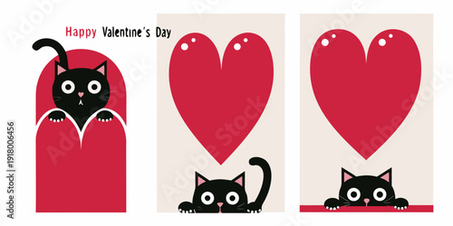 Valentine s day card featuring cats and red hearts in a repeating pattern