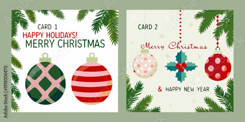 Two festive holiday cards with ornaments and seasonal greetings