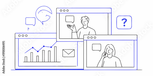 Illustration of a video call with multiple screens and diverse participants
