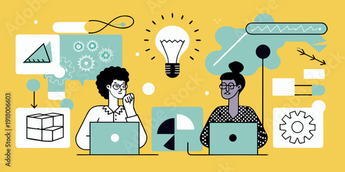 Two women collaborate on laptops amidst creative design and idea elements