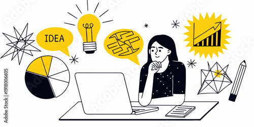 Woman working on laptop surrounded by creative idea illustrations