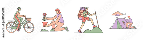 Flat Line Vector Outdoor Lifestyle and Recreational Activity Illustration Set for Wellness and Eco Tourism