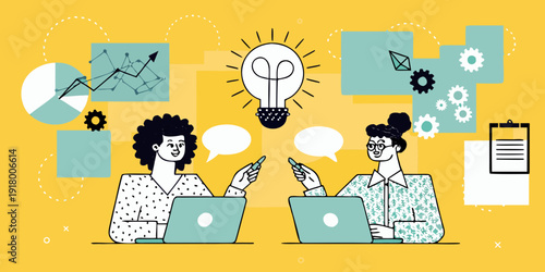 Two women collaborate on ideas with technology and brainstorming concepts