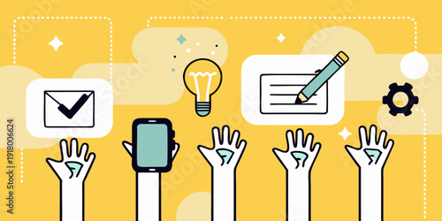 Creative ideas and solutions are represented by icons and hands