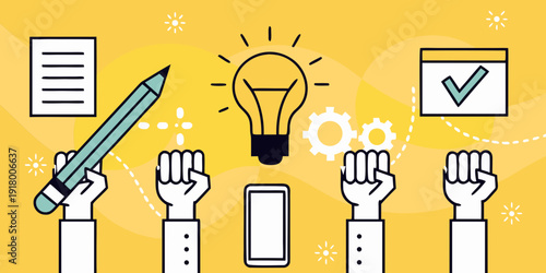 Creative ideas and collaboration hands reaching for innovation concepts